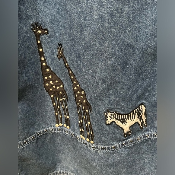 SARA STUDIO DENIM MAXI ANIMAL EMBROIDERED ARTSY JUMPER DRESS SIZE L - Picture 9 of 10